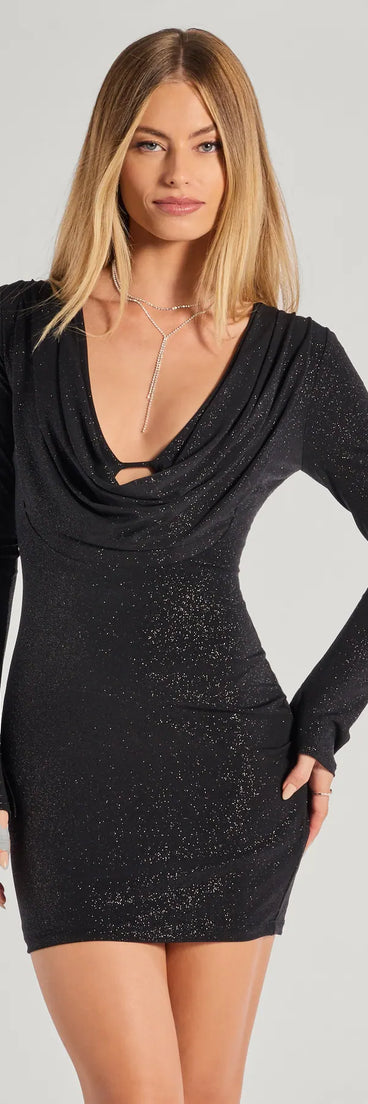 Icon Behavior Glitter Knit Bell Sleeve Mini Dress, a trendy black mini dress featuring modern details and a fresh seasonal hue, perfect for creating chic 2025 looks.