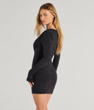 Flaunt your silhouette in the tight Icon Behavior Glitter Knit Bell Sleeve Mini Dress in black, a bodycon dress that empowers your look with bold style and effortless edge.