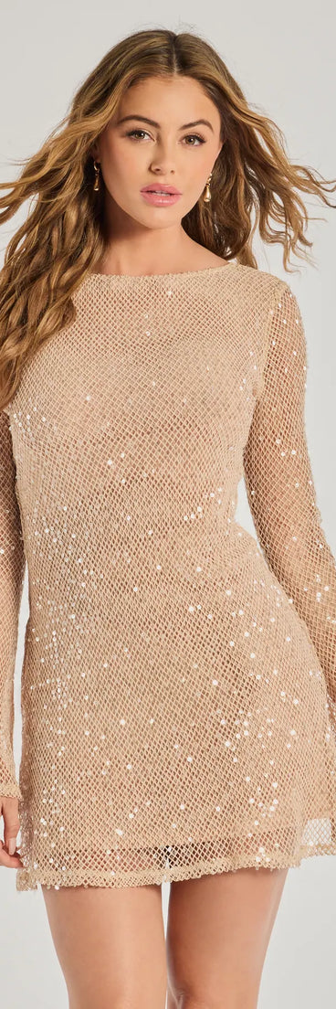 Own every entrance in the Glam Catch Open Back Sequin Fishnet Mini Dress, a nude party dress perfect for milestone birthdays and grad parties, or dancing through summer nights and unforgettable bachelorette celebrations.