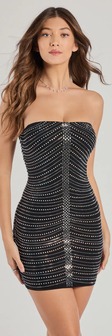 Drama Queen Rhinestone Mesh Strapless Mini Dress, a trendy black mini dress featuring modern details and a fresh seasonal hue, perfect for creating chic 2025 looks.