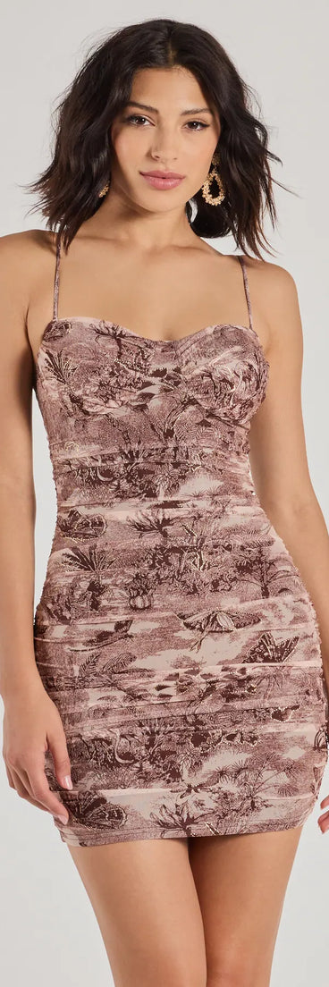 Step into seasonal chic with the Stunning View Scenic Print Mesh Mini Dress, a brown mini dress featuring an above-the-knee cut ideal for cocktail parties, festive gatherings, or clubwear.