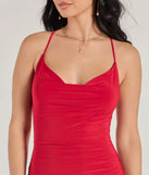 Flaunt your silhouette in the tight Bring The Heat Ruched Bodycon Mini Dress in red, a bodycon dress that empowers your look with bold style and effortless edge.