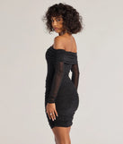 Pop Of Glam Long Sleeve Glitter Mini Dress, a trendy black mini dress featuring modern details and a fresh seasonal hue, perfect for creating chic 2025 looks.