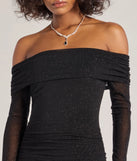 Pop Of Glam Long Sleeve Glitter Mini Dress, a trendy black mini dress featuring modern details and a fresh seasonal hue, perfect for creating chic 2025 looks.