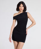 Flaunt your silhouette in the tight Chic Icon Ruched Knit Off-Shoulder Mini Dress in black, a bodycon dress that empowers your look with bold style and effortless edge.