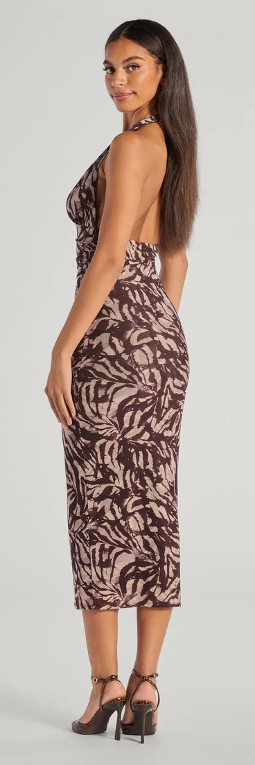 Flaunt your silhouette in the tight Fierce Style Zebra Print Mesh Halter Midi Dress in brown, a bodycon dress that empowers your look with bold style and effortless edge.