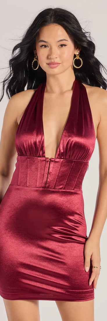 Steal the spotlight in the Pour It Up Halter Corset Satin Mini Dress in burgundy, a fiery pick from the red homecoming dresses collection designed for bold entrances.