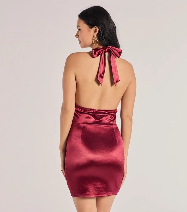 rooftop party dusty red satin halter mini dress Pour It Up Halter Corset Satin Mini Dress