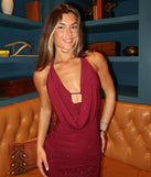 Make a bold statement in the Glam Factor Glitter Knit Cowl Neck Mini Dress in burgundy, the perfect spring dress for weddings, cocktail hours, nights out, and/or seasonal celebrations.
