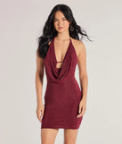 Own every entrance in the Glam Factor Glitter Knit Cowl Neck Mini Dress, a burgundy party dress perfect for milestone birthdays and grad parties, or dancing through summer nights and unforgettable bachelorette celebrations.