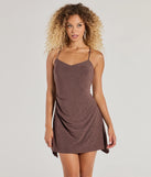 Flirty Glam Backless Glitter Knit Mini Dress, a trendy brown mini dress featuring modern details and a fresh seasonal hue, perfect for creating chic 2025 looks.