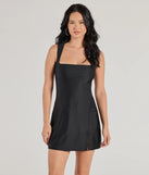 Step into seasonal chic with the Style Goals Square Neck A-Line Mini Dress, a black mini dress featuring an above-the-knee cut ideal for cocktail parties, festive gatherings, or clubwear.