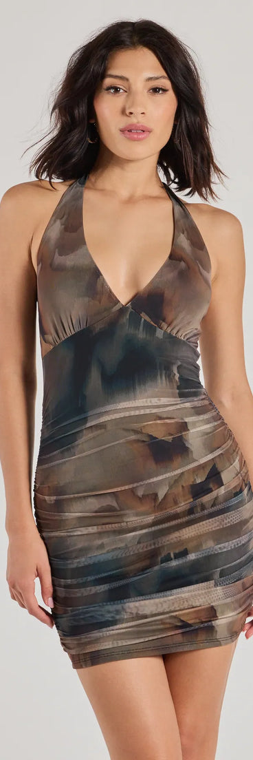 Step into seasonal chic with the Ethereal Muse Abstract Marble Ruched Mini Dress, a brown mini dress featuring an above-the-knee cut ideal for cocktail parties, festive gatherings, or clubwear.