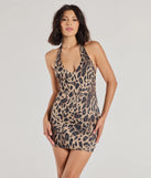Step into seasonal chic with the Love The Leopard Halter Bodycon Mini Dress, a brown mini dress featuring an above-the-knee cut ideal for cocktail parties, festive gatherings, or clubwear.