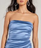Bring high-impact style to your nightlife in the Sleek Sheen Satin Strapless Bodycon Mini Dress, a bold denim blue club dress made for dancing, parties, and unforgettable nights.