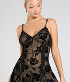 A Touch Of Love Flocked Velvet Floral Lace-Up Mini Dress, a trendy black mini dress featuring modern details and a fresh seasonal hue, perfect for creating chic 2025 looks.