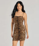 Wild Glam Ruched Leopard Print Mini Dress, a trendy brown mini dress featuring modern details and a fresh seasonal hue, perfect for creating chic 2025 looks.