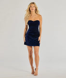 Make a bold statement in the Sweet Luxe Velvet Strapless A-Line Mini Dress in navy blue, the perfect spring dress for weddings, cocktail hours, nights out, and/or seasonal celebrations.