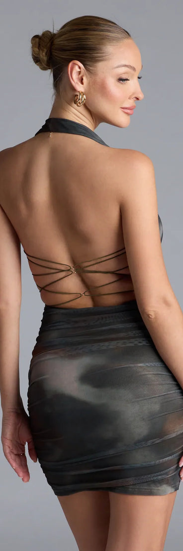 Own every entrance in the Stylish Moment Strappy Back Halter Abstract Mini Dress, a taupe party dress perfect for milestone birthdays and grad parties, or dancing through summer nights and unforgettable bachelorette celebrations.