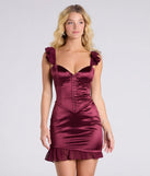 Sweetest Arrival Corset Bodycon Satin Ruffle Mini Dress, a trendy raisin purple mini dress featuring modern details and a fresh seasonal hue, perfect for creating chic 2025 looks.