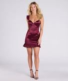 Make a bold statement in the Sweetest Arrival Corset Bodycon Satin Ruffle Mini Dress in raisin purple, the perfect summer dress for weddings, cocktail hours, nights out, and/or seasonal celebrations.