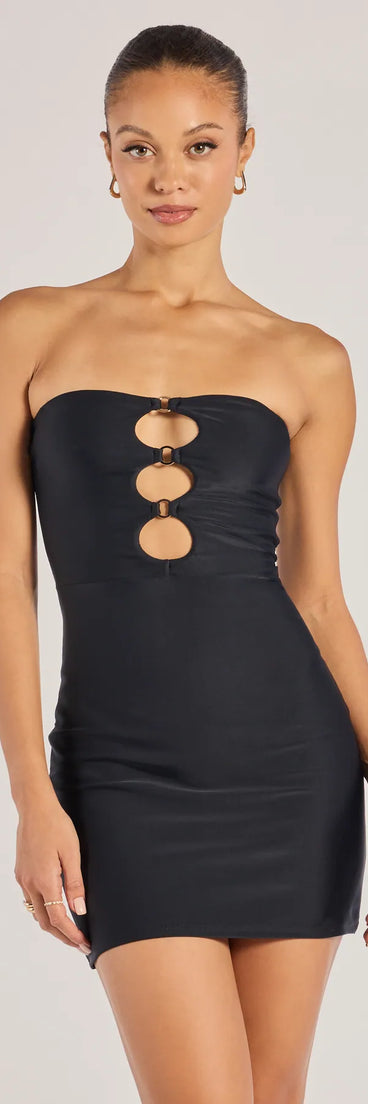 Serve Sultry Style Strapless Cutout Mini Dress, a trendy black mini dress featuring modern details and a fresh seasonal hue, perfect for creating chic 2025 looks.