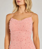 Flaunt your silhouette in the tight Sensuous Sultry Faux Pearl Rhinestone Mini Dress in pink, a bodycon dress that empowers your look with bold style and effortless edge.
