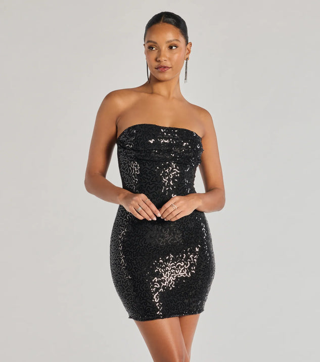 Shimmer All Night Strapless Sequin Mini Dress, a trendy black mini dress featuring modern details and a fresh seasonal hue, perfect for creating chic 2025 looks.