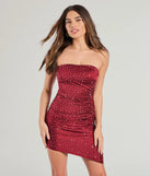 The Turn The Music Up Rhinestone Satin Mini Dress in wine is a modern red dress featuring trendy details and a stunning design ideal for wedding guest dresses, elegant cocktail looks, or an alluring party dress.