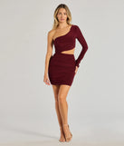 Own every entrance in the Girl's Night One-Shoulder Cutout Mini Dress, a burgundy party dress perfect for milestone birthdays and grad parties, or dancing through summer nights and unforgettable bachelorette celebrations.