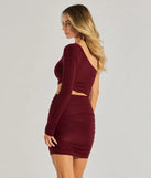 Make a bold statement in the Girl's Night One-Shoulder Cutout Mini Dress in burgundy, the perfect summer dress for weddings, cocktail hours, nights out, and/or seasonal celebrations.