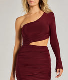 Flaunt your silhouette in the tight Girl's Night One-Shoulder Cutout Mini Dress in burgundy, a bodycon dress that empowers your look with bold style and effortless edge.