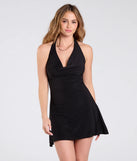 Feel confident and photo-ready in the Steal the Show Plunge Halter A-Line Mini Dress, a black graduation dress perfect for 2025 ceremonies and parties.