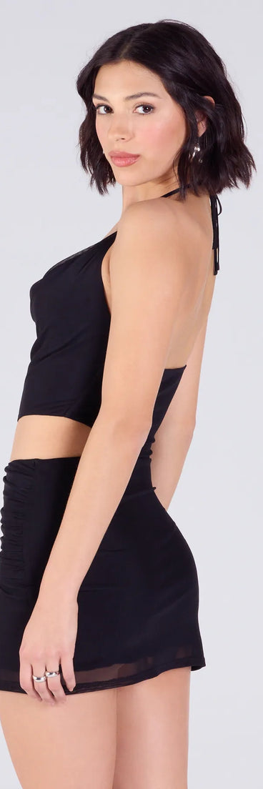 Flaunt your silhouette in the tight Heavenly Curves Halter Cutout Mesh Mini Dress in black, a bodycon dress that empowers your look with bold style and effortless edge.