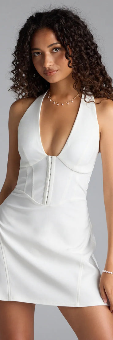 Feel confident and photo-ready in the Pretty Picture Halter A-Line Mini Dress, a white graduation dress perfect for 2025 ceremonies and parties.