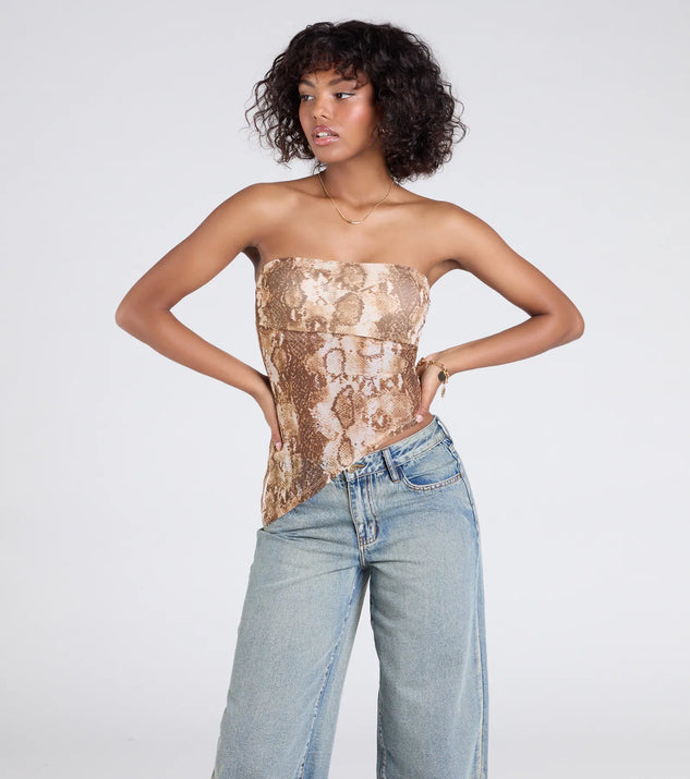 The Hiss And Tell Snake Print Mesh Crop Top in brown brings edge and energy to your vibe, ready to elevate any festival look or concert outfit.