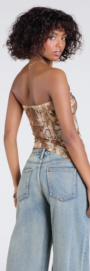 From bold to effortless, the Hiss And Tell Snake Print Mesh Crop Top lets you define your vibe with brown tops that speak your style.