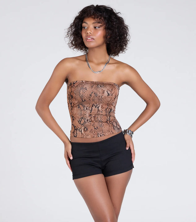 The Wildly Charming Snake Print Crop Top in brown brings edge and energy to your vibe, ready to elevate any festival look or concert outfit.