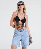 The Festival Headliner Beaded Triangle Bralette in black brings edge and energy to your vibe, ready to elevate any festival look or concert outfit.