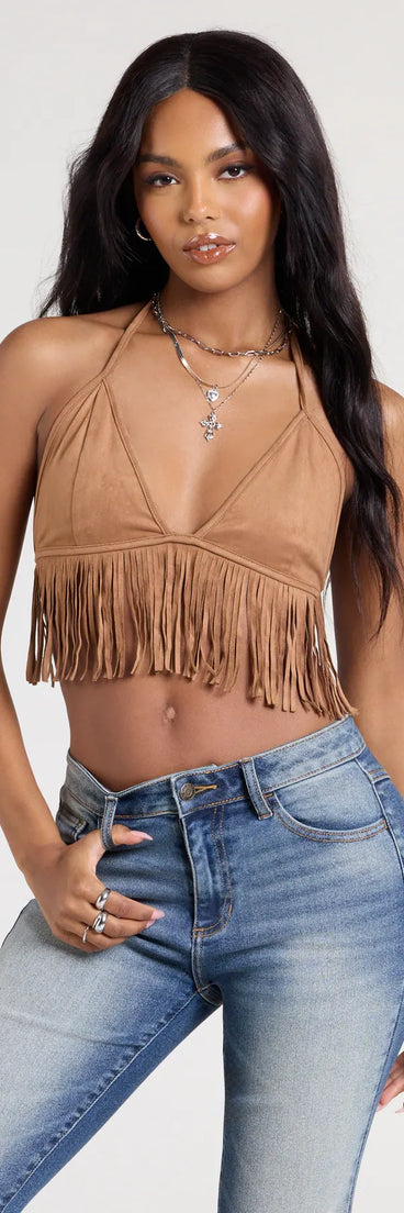 The Shake It Halter Fringe Crop Top in brown brings edge and energy to your vibe, ready to elevate any festival look or concert outfit.