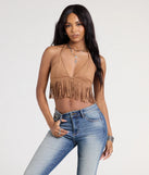 The Shake It Halter Fringe Crop Top in brown brings edge and energy to your vibe, ready to elevate any festival look or concert outfit.
