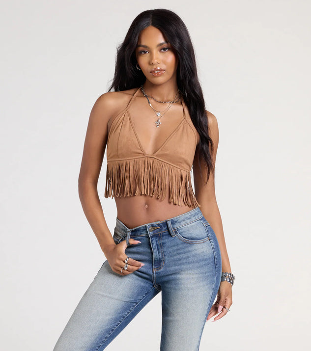 The Shake It Halter Fringe Crop Top in brown brings edge and energy to your vibe, ready to elevate any festival look or concert outfit.
