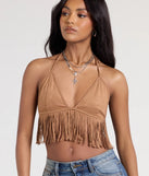 From bold to effortless, the Shake It Halter Fringe Crop Top lets you define your vibe with brown tops that speak your style.