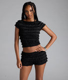Serve effortless style and scroll-stopping energy in the Summer Spice Lace-Up Ruffle Crop Top, part of a black matching clothing set that does the work for you with bold, polished vibes from top to bottom.