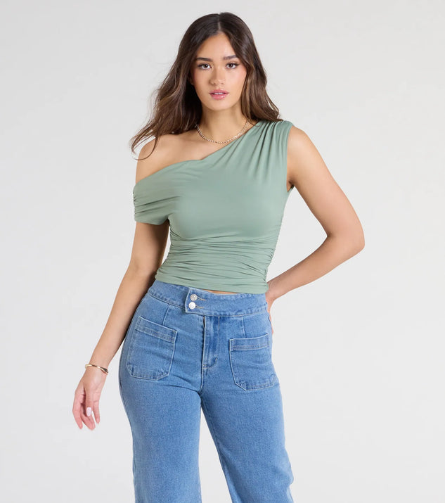 From bold to effortless, the Flirty Style One Shoulder Crop Top lets you define your vibe with sage green tops that speak your style.