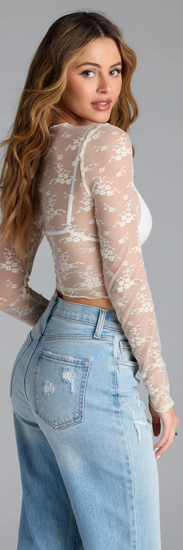 Add a sleek touch to your outfit with this yellow long sleeve top—the Sweetest Allure Floral Lace Long Sleeve Top makes effortless transitions from desk to dinner.