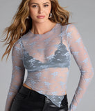 From bold to effortless, the Sweetest Allure Floral Lace Long Sleeve Top lets you define your vibe with light blue tops that speak your style.