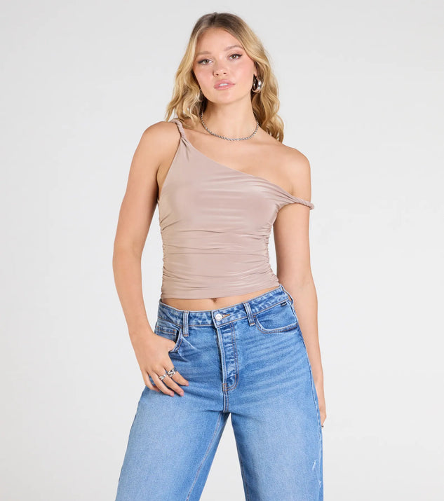 The Iconic Chic One-Shoulder Crop Top in tan brings edge and energy to your vibe, ready to elevate any festival look or concert outfit.