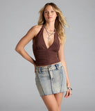The Viva La Friday Halter Crop Top in brown brings edge and energy to your vibe, ready to elevate any festival look or concert outfit.