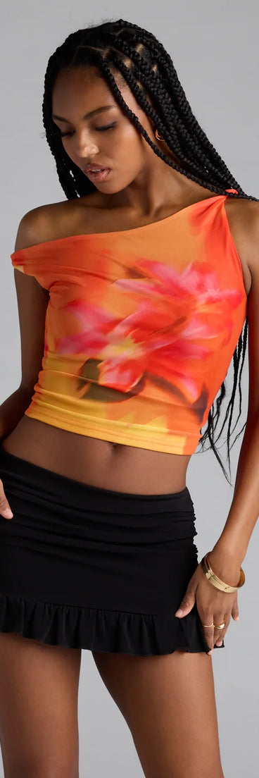 Add a seasonal refresh to your look with the Raise The Heat Floral Mesh Off-Shoulder Top, a trendy top in orange made for easy styling for any vibe.